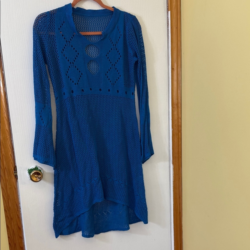 Vintage Blue Open Knit Bell Sleeve Dress